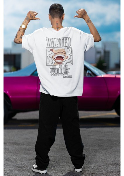 Unisex Sırt Baskılı Monkey D Luffy Tişört, Oversize One Piece Baskılı Anime T-Shirt
