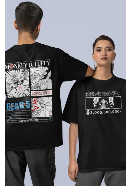Unisex Luffy Gear 5 Sırt Baskılı Tişört, Oversize Ön Arka Anime Baskılı Tshirt