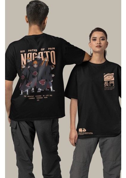 Unisex Naruto Nagato Sırt Baskılı Siyah Tişört, Oversize Ön Arka Anime Baskılı Tshirt