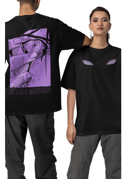 Unisex Naruto Uchiha Madara Sırt Baskılı Tişört, Oversize Ön Arka Anime Baskılı Tshirt