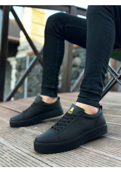 Siyah Cilt Deri, Siyah Taban Boyu 3 Cm, Şık ve Kullanışlı Günlük Klasik Bağcıklı Erkek Sneaker