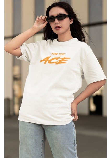 Oversize One Piece Fire Fist Ace Sırt Baskılı T-Shirt, Unisex Anime Baskılı Tişört