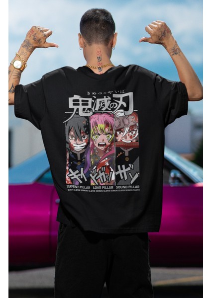 Oversize Demon Slayer Hashira's Sırt Baskılı T-Shirt, Unisex Anime Baskılı Tişört modelleri