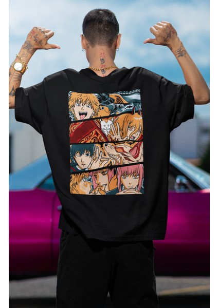 Oversize Chainsaw Man Characters Sırt Baskılı T-Shirt, Unisex Anime Baskılı Tişört modelleri
