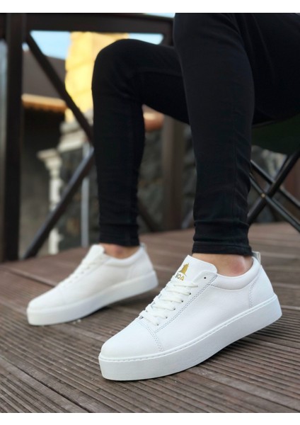 Beyaz Cilt Deri, Beyaz Taban Boyu 3 Cm, Şık ve Kullanışlı Günlük Klasik Bağcıklı Erkek Sneaker