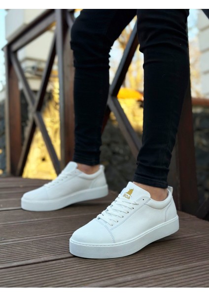 Beyaz Cilt Deri, Beyaz Taban Boyu 3 Cm, Şık ve Kullanışlı Günlük Klasik Bağcıklı Erkek Sneaker