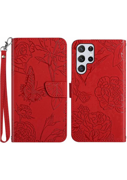 Samsung Galaxy S24 Ultra Çiçekler ve Bilek Kayışı ile Kelebekler Için Kılıf (Yurt Dışından)