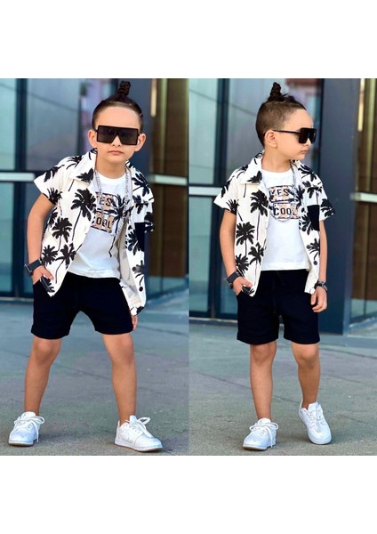 Müslin Gömlekli Palmiye Desen 3 lü takım - Siyah