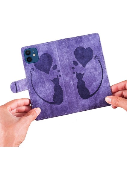 IPhone 12 Için Kılıf Mini Kabartmalı Sevimli Kedi Flip Folio Kart Cep Tutucu (Yurt Dışından)