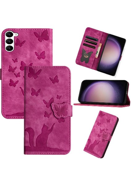 Samsung Galaxy S24 Kart Cep Kabartmalı Kelebek Kedi Flip Folio (Yurt Dışından)