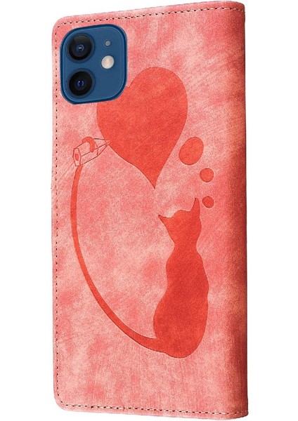IPhone 12 Için Kılıf Mini Kabartmalı Sevimli Kedi Flip Folio Kart Cep Tutucu (Yurt Dışından)