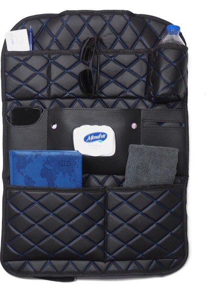 Siyah Mavi Oto Koltuk Arkası Düzenleyici Nakışlı Deri Organizer 44 x 62 cm / 1 Adet fiyatları