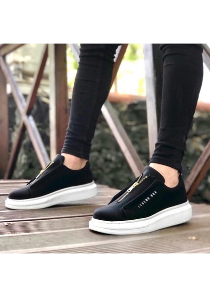 Siyah Cilt Deri, Beyaz Taban Boyu 4.5 Cm, Önden Fermuarlı Sade ve Şık Tasarım Erkek Sneaker