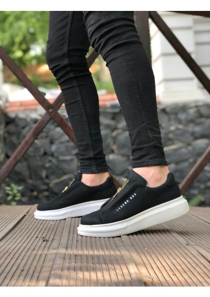 Siyah Cilt Deri, Beyaz Taban Boyu 4.5 Cm, Önden Fermuarlı Sade ve Şık Tasarım Erkek Sneaker