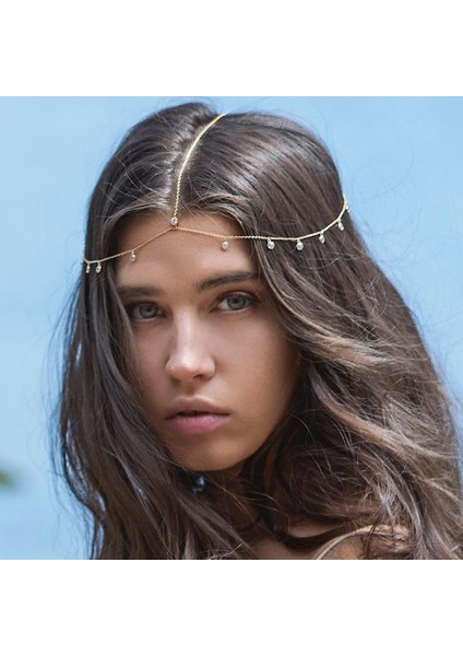 Altın Rengi Bohemia Kafa Bandı Kristal Saç Takı Kadın Metal Kafa Zincir Başlığı Hint Boho Headdress Düğün Saç Aksesuarları (Yurt Dışından)