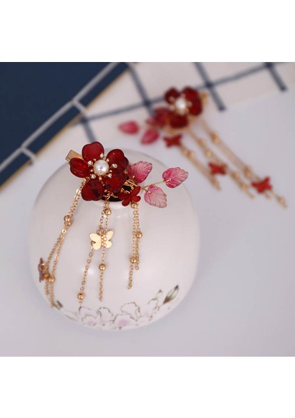 No.10 Boyutu 1 Çift Çin Hanfu Saç Aksesuarları Kırmızı Çiçek Tokalar Vintage Elbise Şapkalar Uzun Kelebek Püsküller Saç Tokası Noiva Takı (Yurt Dışından) modelleri