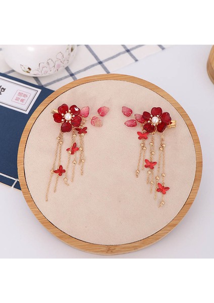 No.10 Boyutu 1 Çift Çin Hanfu Saç Aksesuarları Kırmızı Çiçek Tokalar Vintage Elbise Şapkalar Uzun Kelebek Püsküller Saç Tokası Noiva Takı (Yurt Dışından) fırsatları