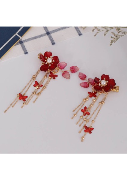No.10 Boyutu 1 Çift Çin Hanfu Saç Aksesuarları Kırmızı Çiçek Tokalar Vintage Elbise Şapkalar Uzun Kelebek Püsküller Saç Tokası Noiva Takı (Yurt Dışından) indirimleri