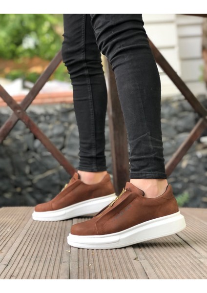 Taba Cilt Deri, Beyaz Taban Boyu 4.5 Cm, Önden Fermuarlı Sade ve Şık Tasarım Erkek Sneaker