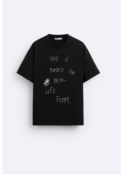 Bisiklet Yaka This Is Based On Real Life Story Baskılı Oversize Siyah Erkek T-Shirt