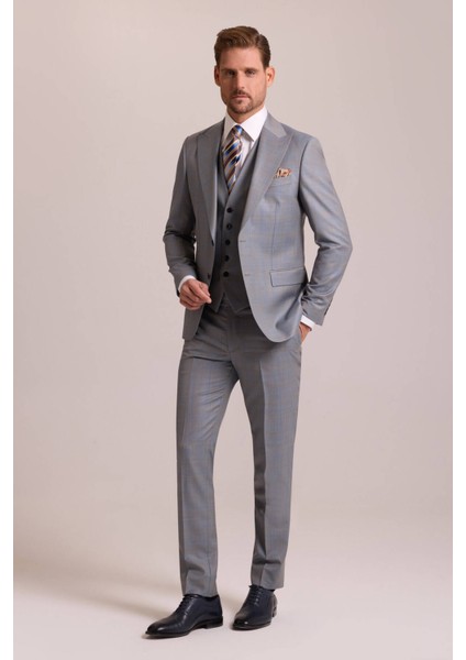 Erkek Gri Bej Slim Fit Sivri Yaka Yelekli Yün Takım Elbise