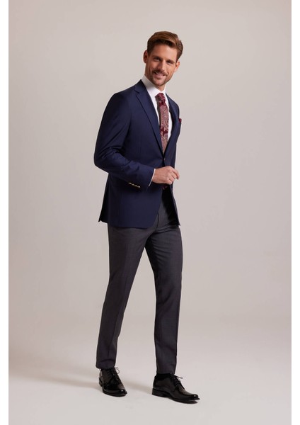 Erkek Lacivert Regular Fit Yünlü Blazer Ceket