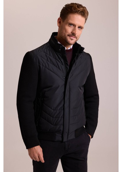 Erkek Siyah Slim Fit Kolu Trikolu Mont