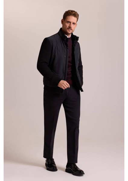Erkek Siyah Slim Fit Kolu Trikolu Mont