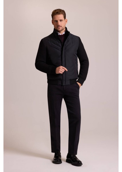 Erkek Siyah Slim Fit Kolu Trikolu Mont