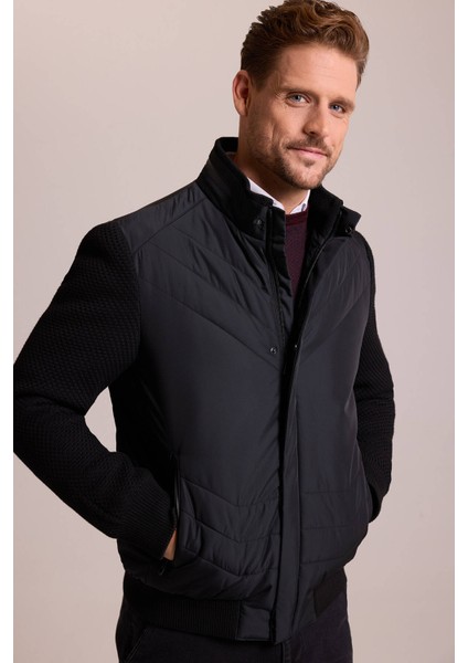 Erkek Siyah Slim Fit Kolu Trikolu Mont