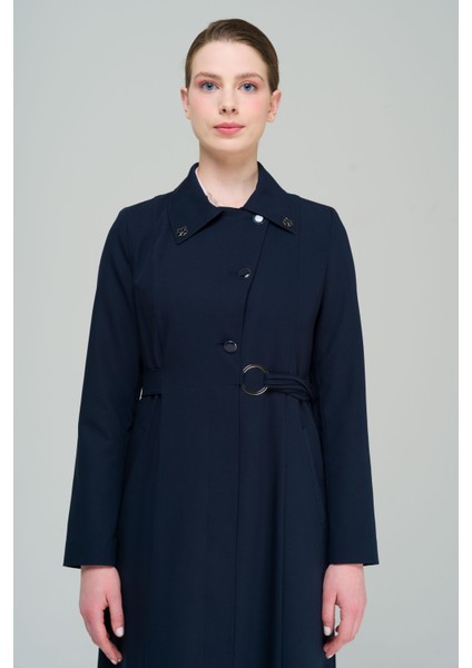 Gömlek Yaka Kuşak Detaylı Astarlı Pardesü LACİVERT 6568