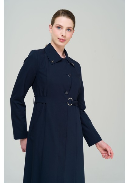 Gömlek Yaka Kuşak Detaylı Astarlı Pardesü LACİVERT 6568
