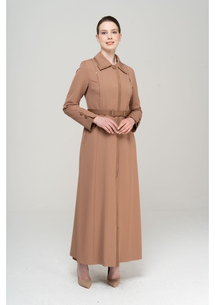 Gömlek Yaka Saten ve Aksesuar Detaylı Astarlı Pardesü KAMEL 6562