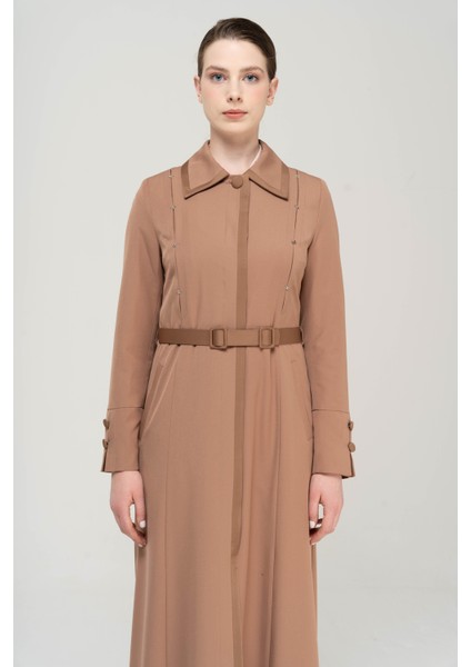 Gömlek Yaka Saten ve Aksesuar Detaylı Astarlı Pardesü KAMEL 6562 modelleri