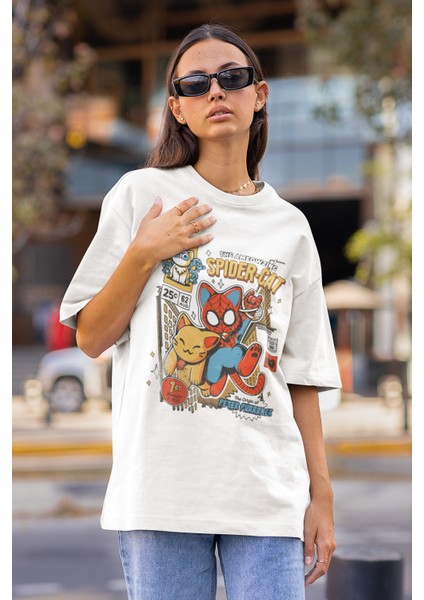 Spider-Cat Yazılı Tişört, Oversize Marvel Karakter Baskılı T-Shirt