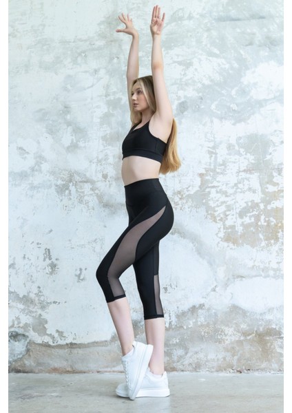 Fitness Tayt Spor Kapri Tayt Dar Kesim Tül Detaylı Yüksek Bel fiyatları