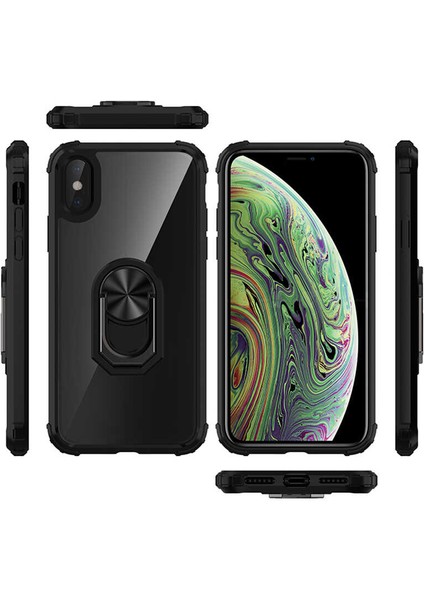 Apple iPhone Xs Max 6.5 Kılıf Silikon Kenarlı Yüzüklü Manyetik Mola Telefon Kılıfı