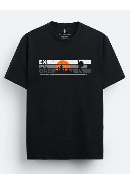 Oversize Bisiklet Yaka Explore Baskılı Kısa Kollu Siyah T-Shirt