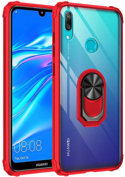 Huawei Y7 Prime 2019 Kılıf Silikon Kenarlı Yüzüklü Manyetik Mola Telefon Kılıfı