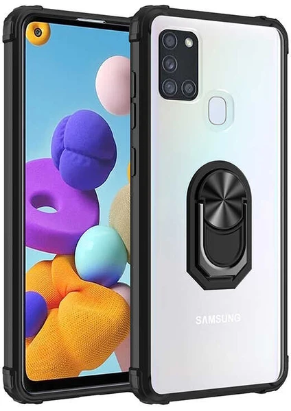 Samsung Galaxy A21S Kılıf Silikon Kenarlı Yüzüklü Manyetik Mola Telefon Kılıfı