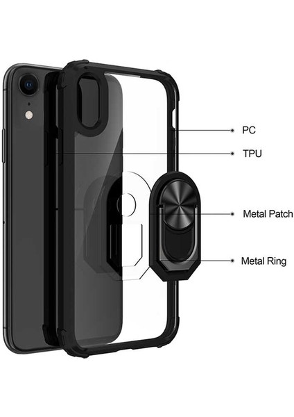 Apple iPhone Xr 6.1 Kılıf Silikon Kenarlı Yüzüklü Manyetik Mola Telefon Kılıfı