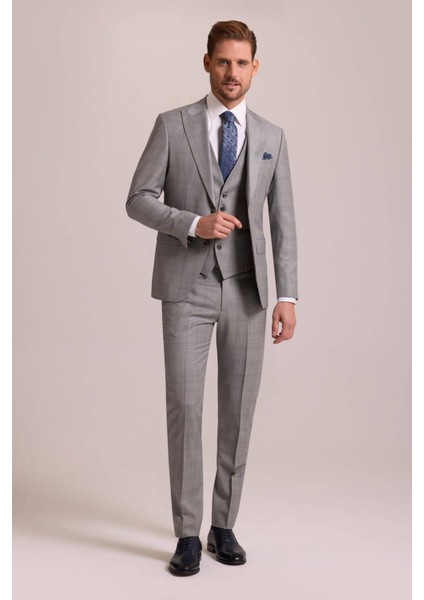 Erkek Gri Krem Slim Fit Sivri Yaka Yelekli Yün Kareli Takım Elbise