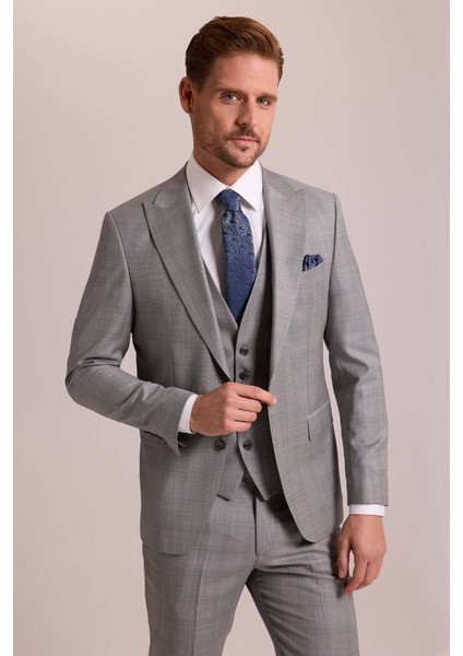 Erkek Gri Krem Slim Fit Sivri Yaka Yelekli Yün Kareli Takım Elbise