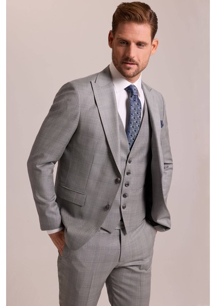 Erkek Gri Krem Slim Fit Sivri Yaka Yelekli Yün Kareli Takım Elbise