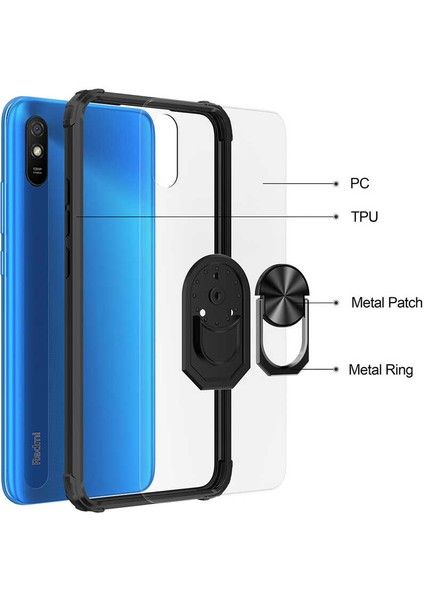 Xiaomi Redmi 9A Kılıf Silikon Kenarlı Yüzüklü Manyetik Mola Telefon Kılıfı