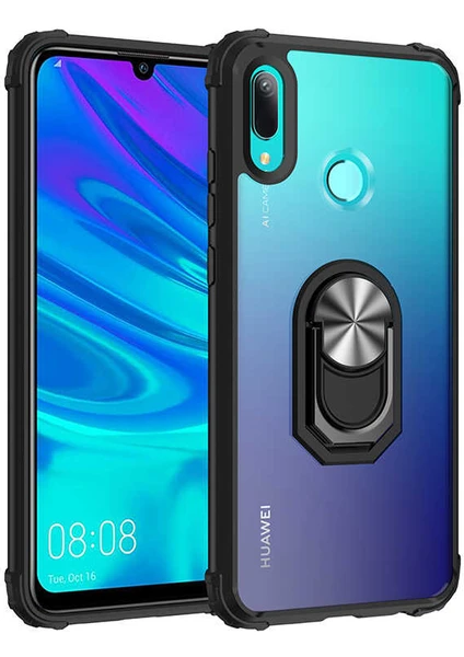 Huawei Y6 2019 Kılıf Silikon Kenarlı Yüzüklü Manyetik Mola Telefon Kılıfı