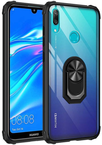 Huawei Y7 Prime 2019 Kılıf Silikon Kenarlı Yüzüklü Manyetik Mola Telefon Kılıfı