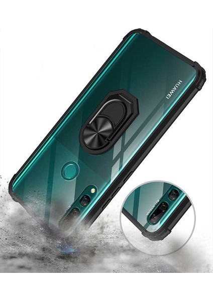 Huawei Y9 Prime 2019 Kılıf Silikon Kenarlı Yüzüklü Manyetik Mola Telefon Kılıfı