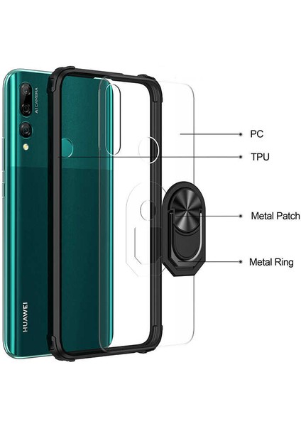 Huawei Y9 Prime 2019 Kılıf Silikon Kenarlı Yüzüklü Manyetik Mola Telefon Kılıfı