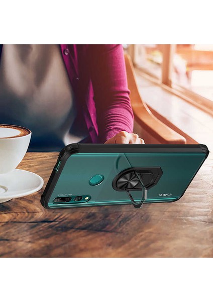 Huawei Y9 Prime 2019 Kılıf Silikon Kenarlı Yüzüklü Manyetik Mola Telefon Kılıfı